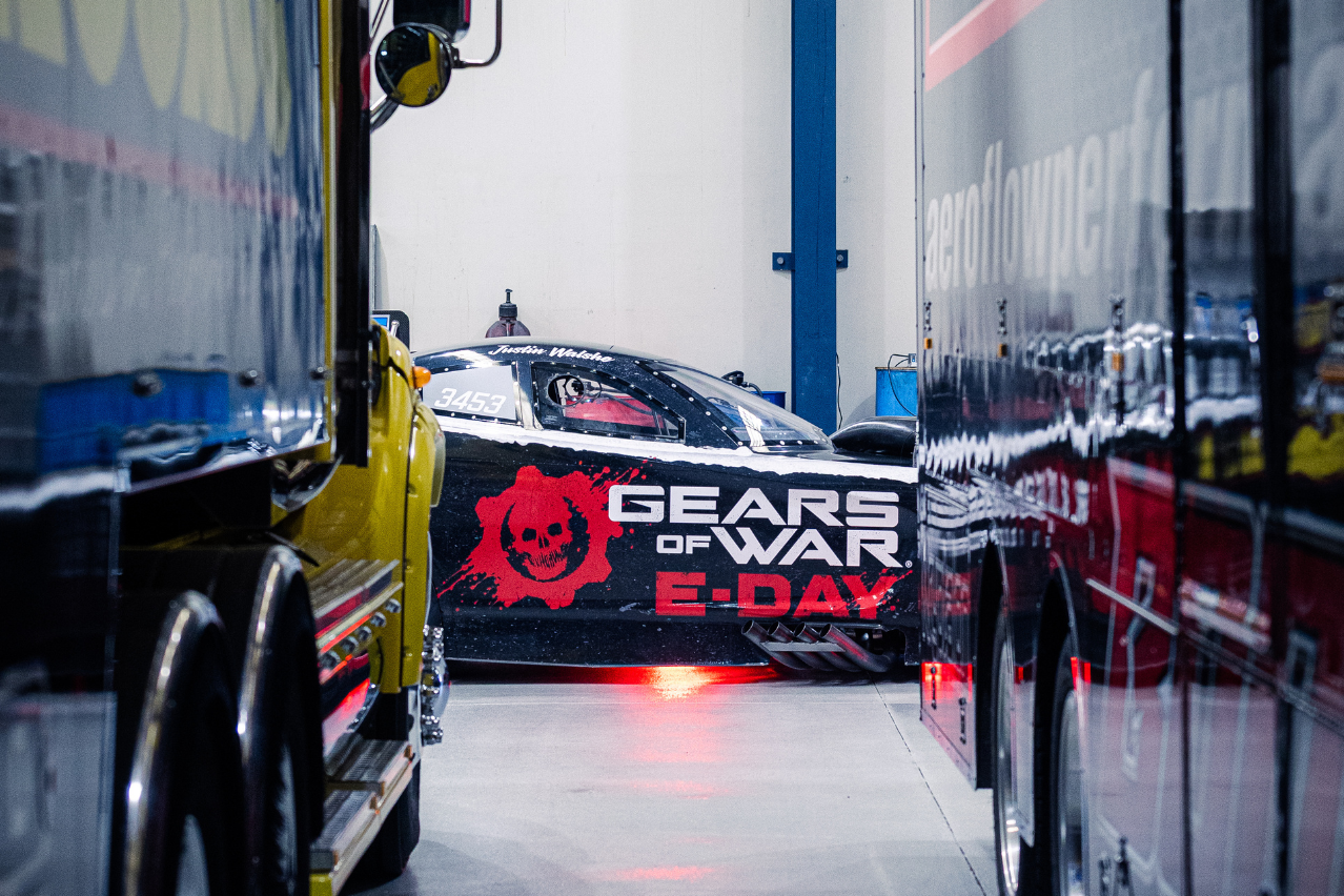 Rear three-quarter view of the Xbox Gears of War: E-Day Nitro Funny Car with Aeroflow and Xbox branding.